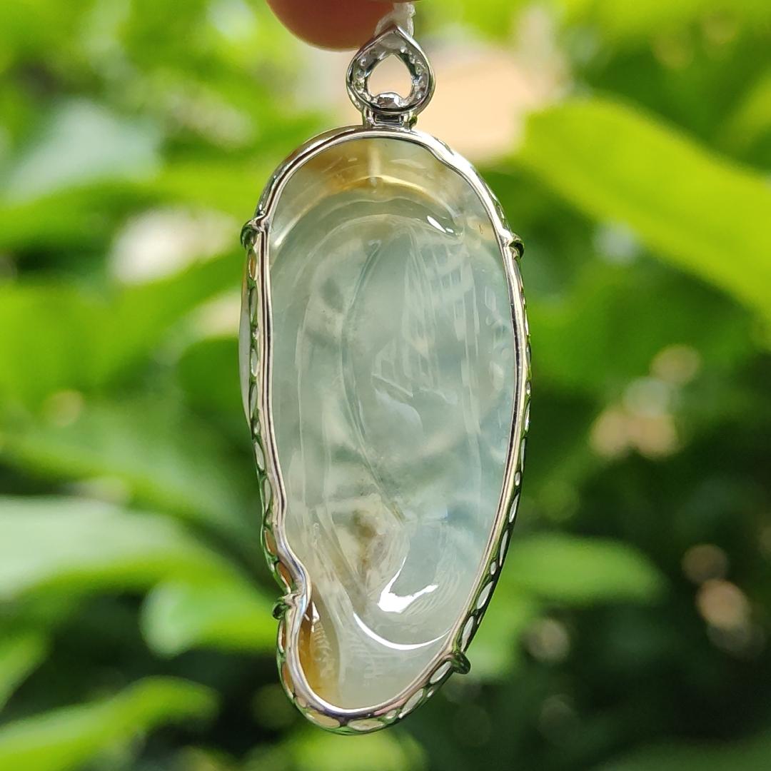 High Quality Icy Yellow Translucent Natural Type A Jadeite Jade crafted as Milo Buddha set with 18k Gold as Pendant, certificate weighs 9.1 grams, measurements 46.1 * 18.7 * 9.5 mm (18kp60)