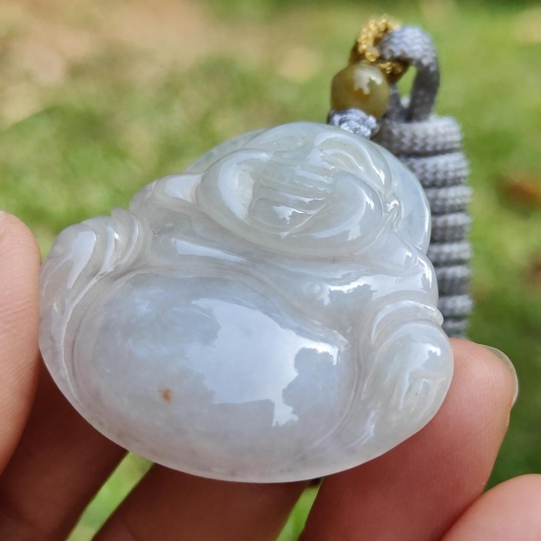 Quality Semi Translucent Natural Type A Jadeite Jade crafted as Milo Buddha as Pendant, certificate weighs 12.57 grams, measurement 37.5 * 38.9 * 6.3 mm (pendant275)