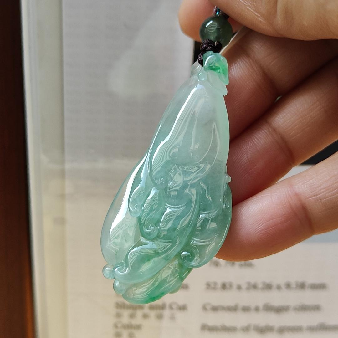 Very Beautiful Finger Citron Natural Type A Jadeite pendant jewelry  with NGI Gemstone report weight 76.79 grams 52.83 * 24.26 * 9.38 mm - Highly Translucent very fine grain with patches of light green suffused to a paler ground (pendant151)