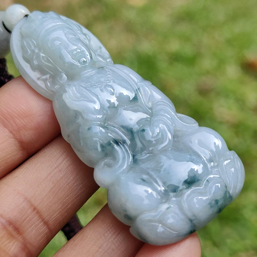 High Quality Light Green Floating Flower Natural Type A Jadeite Jade Crafted as Bodhisattva as Pendant, certificate weighs 19.12 grams, measurement 58.2 * 27 * 7.3 mm (pendant276)