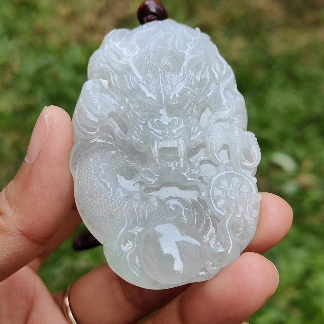 Semi Icy Premium Natural Type A Jadeite Jade crafted as Dragon with certificate weigh 49.63, measurement 64.8 * 42.5 * 10.5 mm (pendant190)