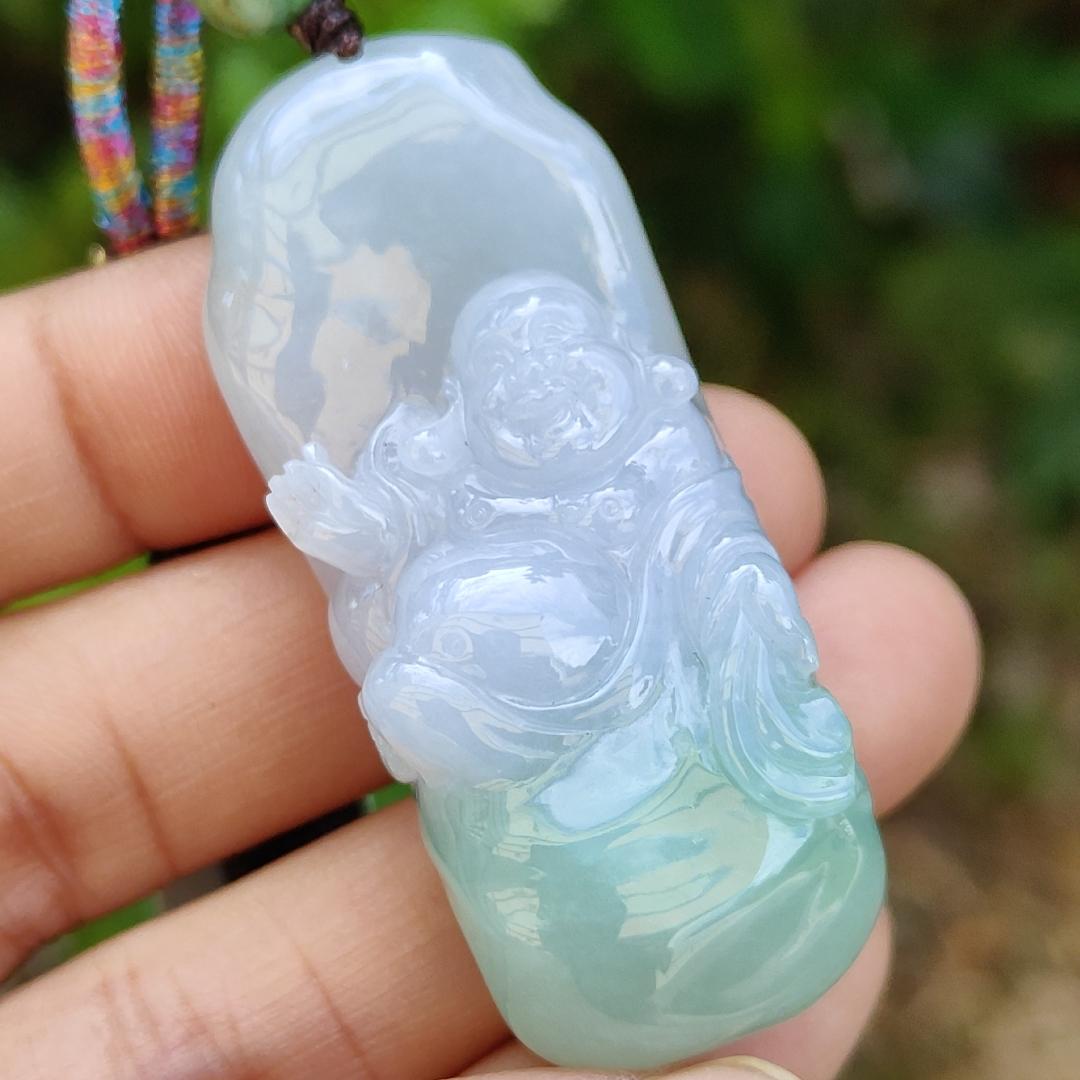 Lavender and Green Natural Type A Jadeite Pendant crafted with Milo Buddha represent Compassionate, tolerant, optimistic and open-minded with certificate weight 29.40 grams, 50.80 * 20.80 * 13.60 mm suitable for daily wear (pendant108)