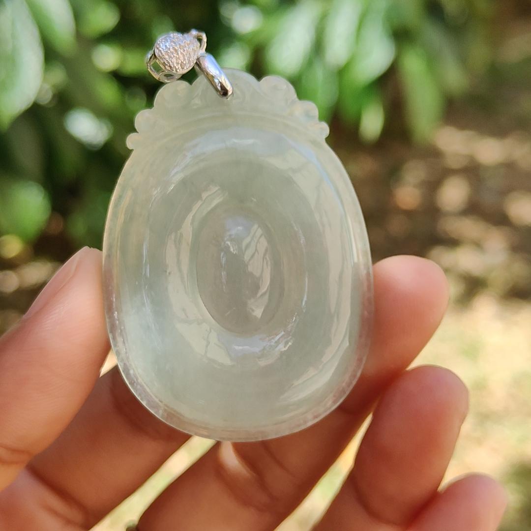 Good Quality Light Green Hue Icy Natural Type A Jadeite Jade crafted with Fobe as pendant, meaning Good luck, happiness, wealth and honor, certificate weigh 19.03 grams, measurement 50.2 * 36.3 * 6.2 mm (pendant234)