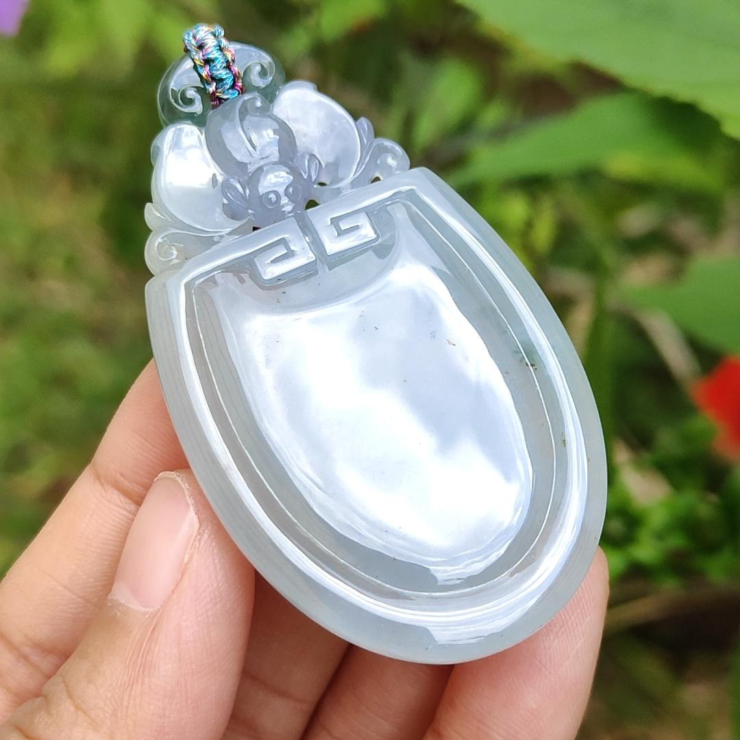 Green and Lavender Icy Translucent Crafted with Bat and Chinese Old School Patterns Natural Type A Jadeite with certificate included weigh 30.17 grams, 63.3 * 35.5 * 7 mm, suitable for daily wear or collections