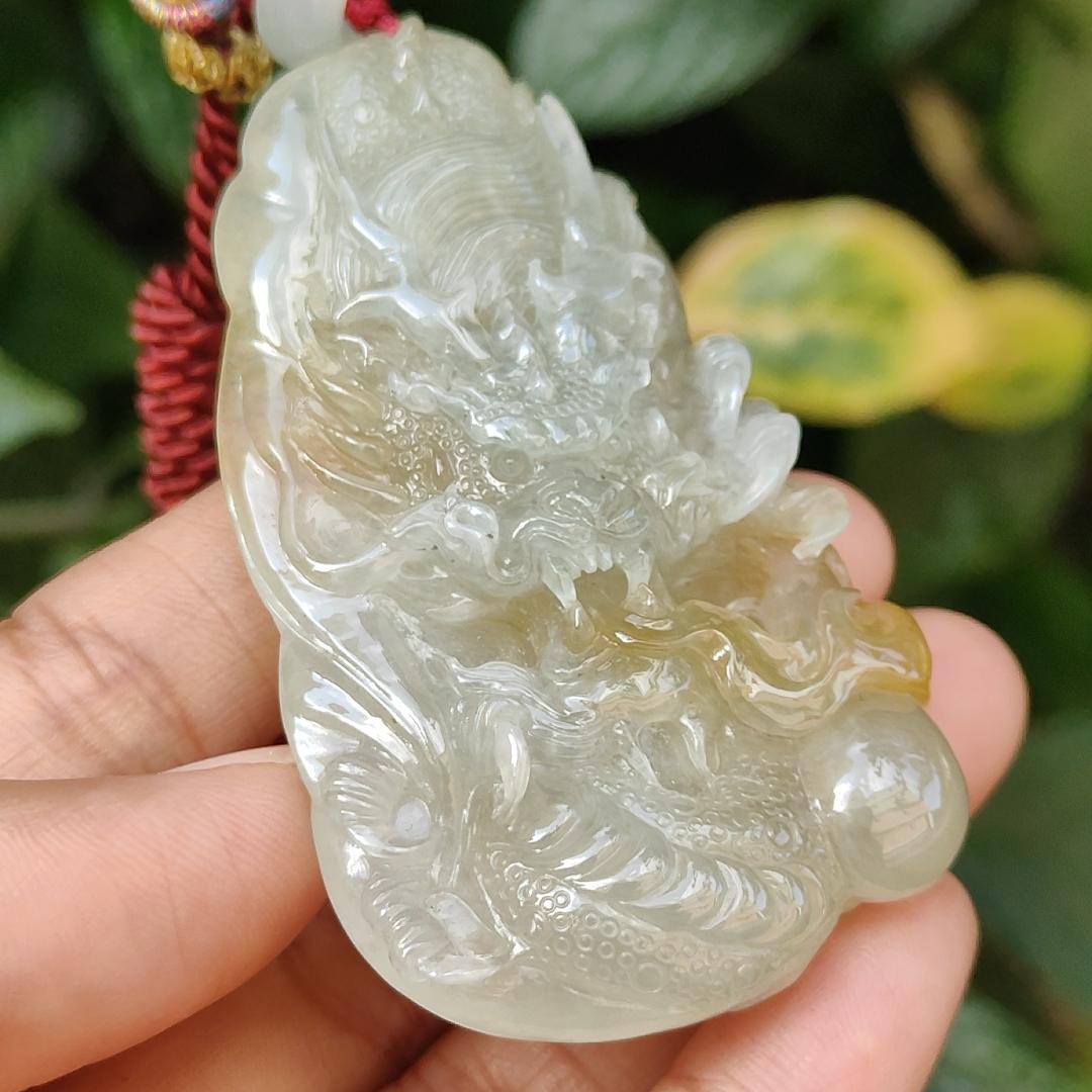 Premium Quality Yellow Natural Type A Jadeite Jade crafted with Dragon as Pendant, certificate weighs 53.72 grams, measurement 67.3 * 37.5 * 12.9 mm (pendant240)