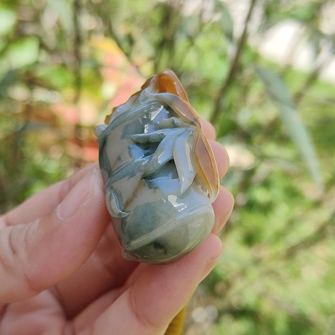 Premium Yellow and Floating Blueish Green (Piaohua) Natural Type A Jadeite Pendant Necklace crafted with Bamboo, Lizard symbols of Wealth, fortune, longevity and wisdom with certificate weigh 37.99 grams, 57.3 * 27.5 * 14.6 mm (pendant47)