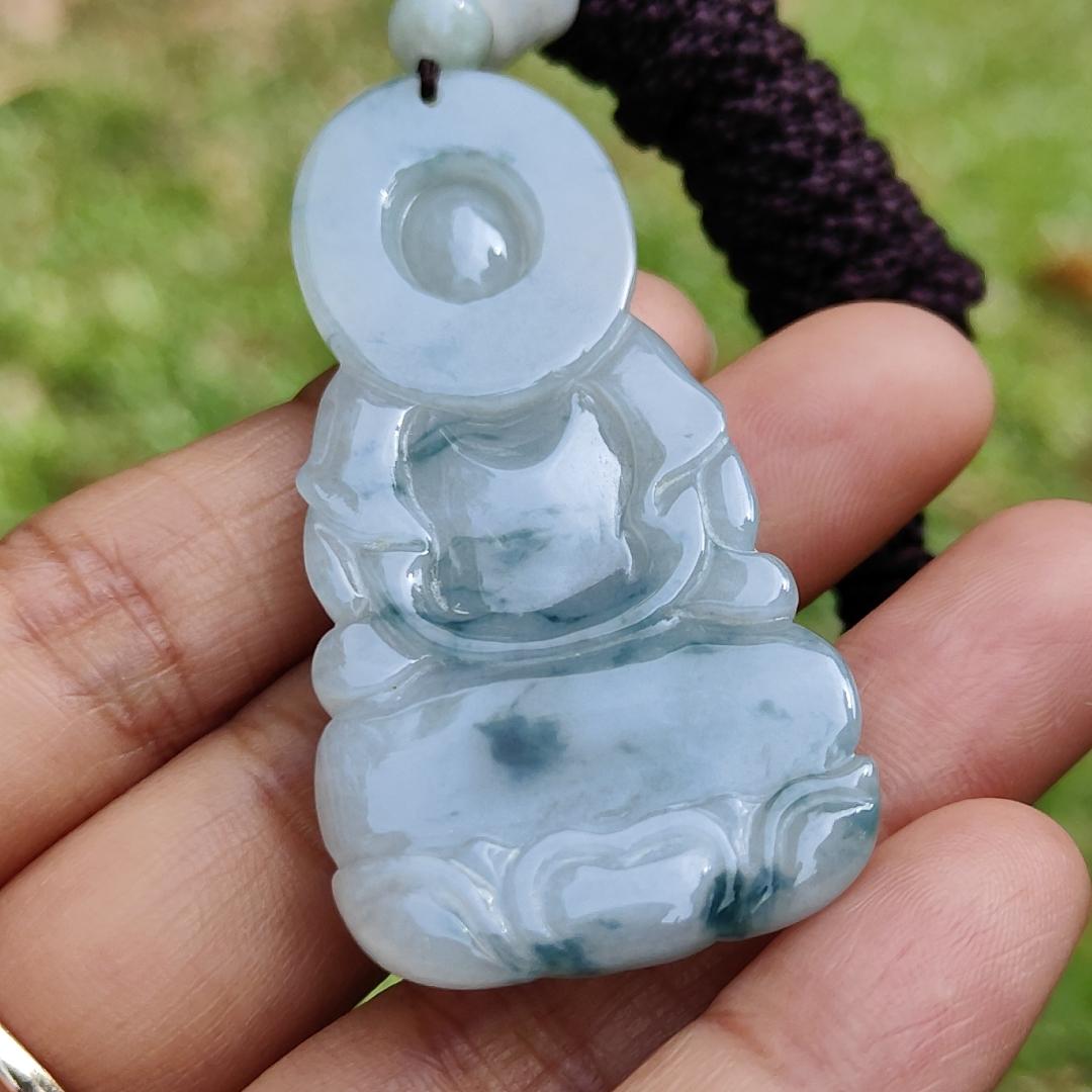 High Quality Light Green Floating Flower Natural Type A Jadeite Jade Crafted as Bodhisattva as Pendant, certificate weighs 19.12 grams, measurement 58.2 * 27 * 7.3 mm (pendant276)