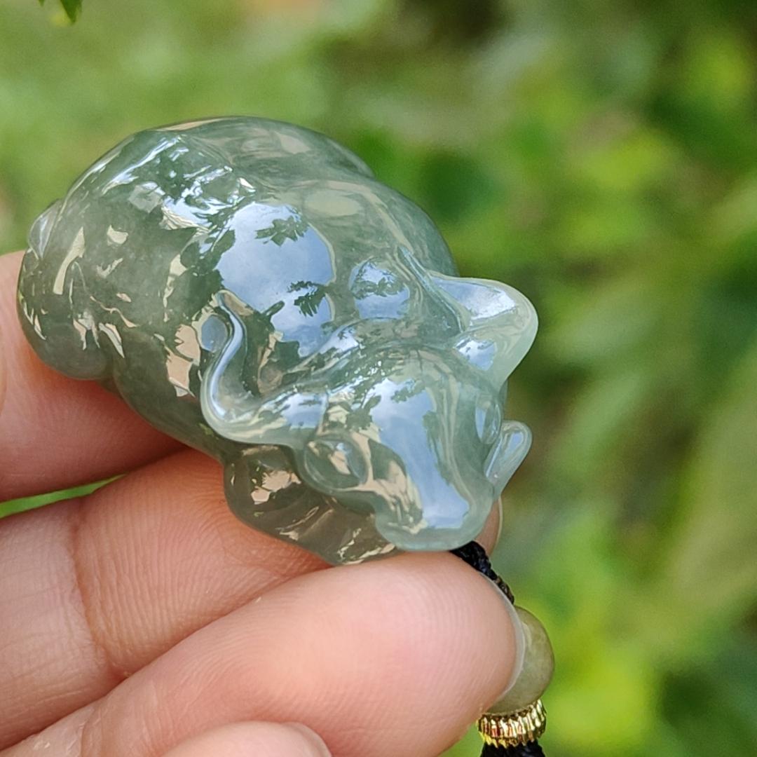 Oil Green Natural Type A Jadeite Pendant carved as water buffalo representing Hardworking and Simple, Unstoppable, Strong and Healthy and Turn the Tide, certificate include weighs 14.56 grams, 34.6 * 23.6 * 11.5 mm, suitable for daily wear (pendant80)