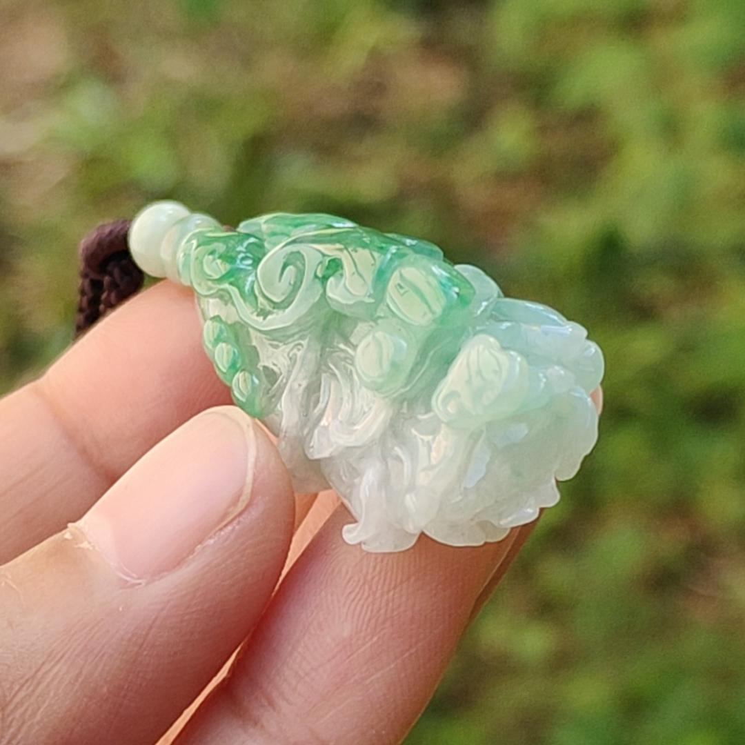 Lots Of Green on this Natural Type A Jadeite Pendant Necklace Crafted as Chinese Cabbage with Ruyi, Symbols of Wealth rolling in, good luck and prosperity, certificate included weigh 15.27 grams, 47.9 * 19.6 * 14.8 mm, (pendant30)