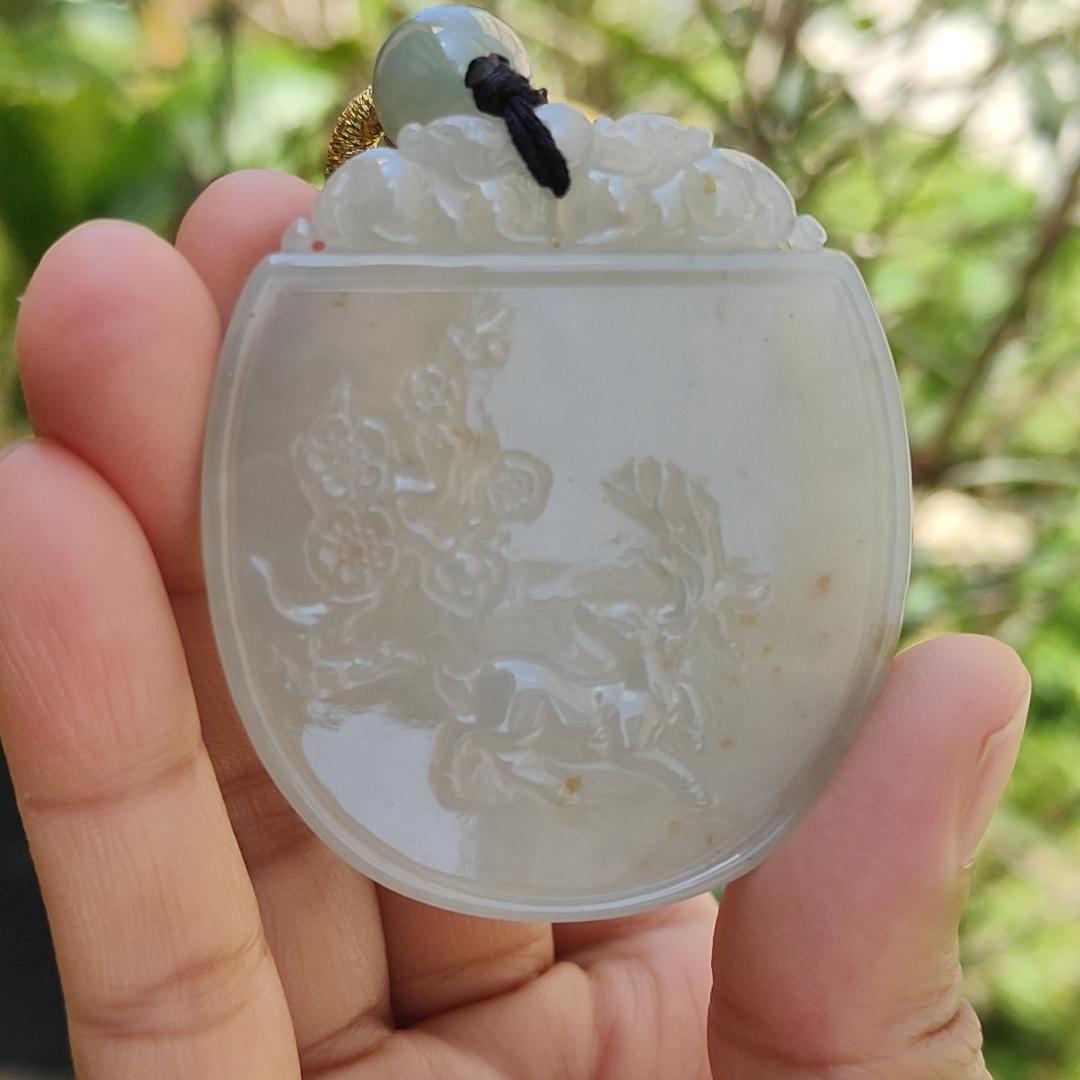 Crafted with Plum Blossoms and Deer Natural Type A Jadeite Pendant Necklace with certificate included weigh 34.14 grams, 54.3 * 47.5 * 5.6 mm,symbols of Good fortune, beauty and happiness (pendant105)