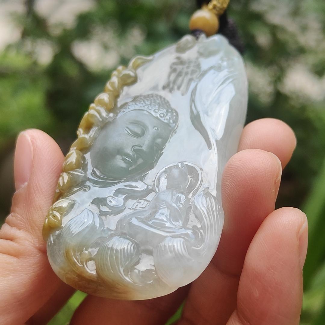 High Quality Yellow with Light Green Natural Type A Jadeite Jade crafted with Buddha and Monk as Pendant, certificate weigh 54.87 grams, measurement 71.6 * 35.6 * 9.5 mm (pendant262)