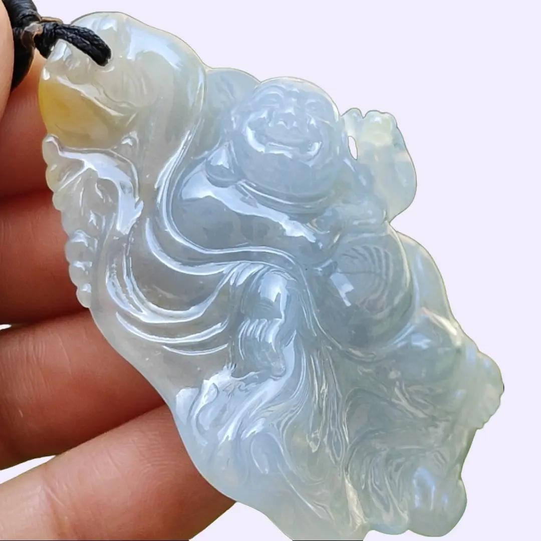 High Premium Light Lavender and Yellow Natural Type A Jadeite Jade crafted with Milo Buddha as Pendant, certificate weighs 49.13 grams, measurement 58.6 * 39.5 * 18.7 mm (pendant284)