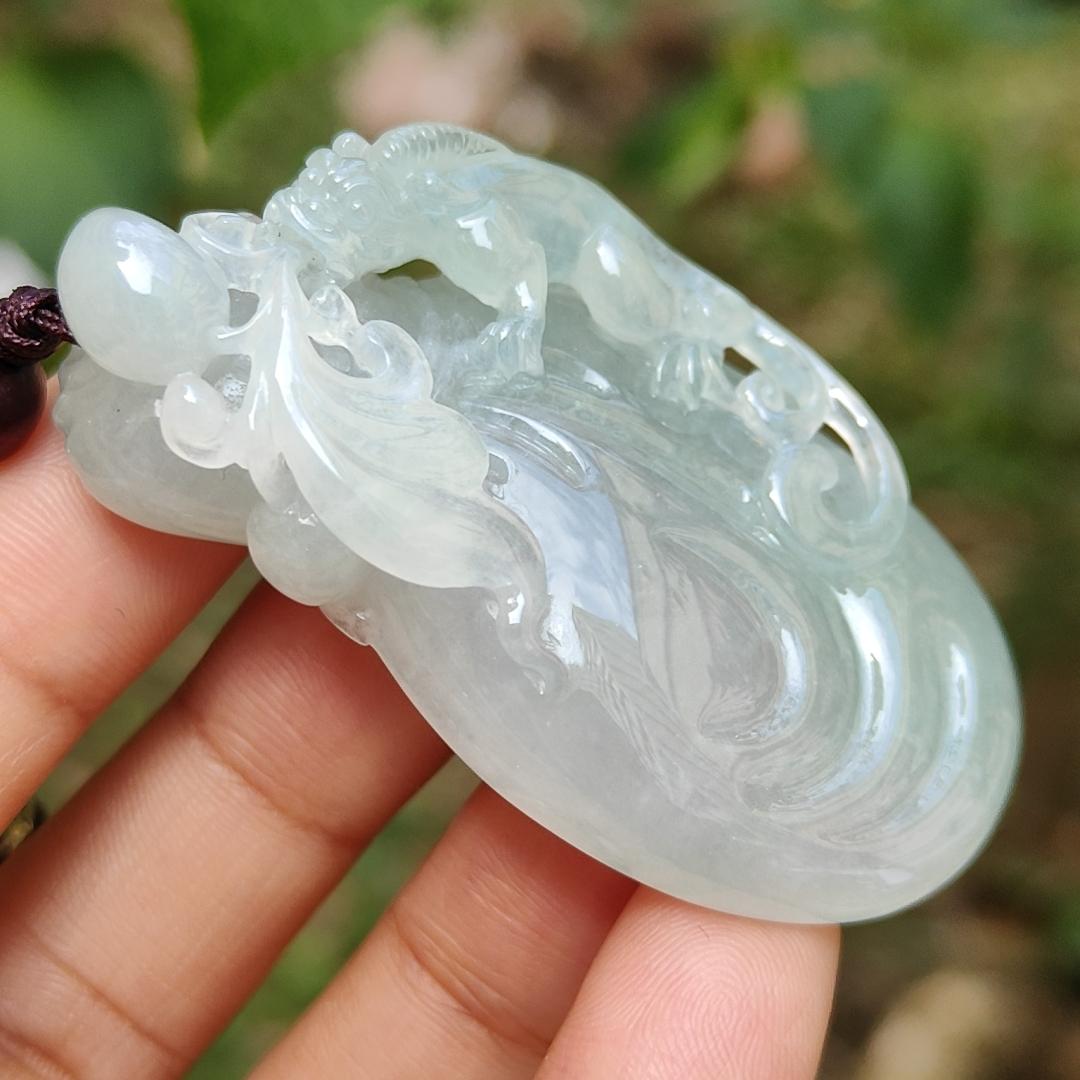 Limited Time Offer Semi Icy Premium Natural Type A Jadeite Jade crafted with pixiu as pendant, certificate weigh 30.20 grams, measurement 53.5 * 30.3 * 14.8 mm (pendant200)