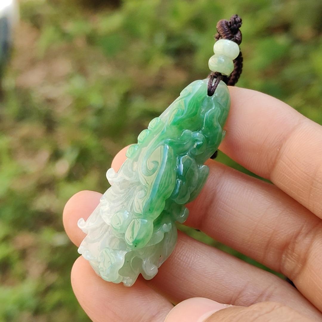 Lots Of Green on this Natural Type A Jadeite Pendant Necklace Crafted as Chinese Cabbage with Ruyi, Symbols of Wealth rolling in, good luck and prosperity, certificate included weigh 15.27 grams, 47.9 * 19.6 * 14.8 mm, (pendant30)