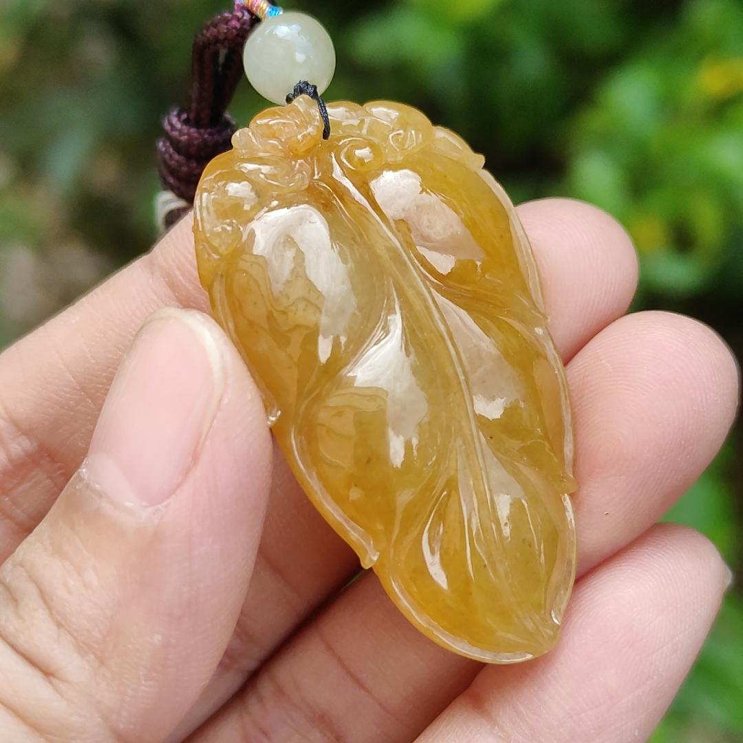 Very fine and old full Yellow Natural Type A Jadeite Pendant carved as a leave and a Mythical Beast on it with certificate weight 16.02 grams, 44 * 26 * 10 mm meaning Good luck and auspiciousness (pendant107)