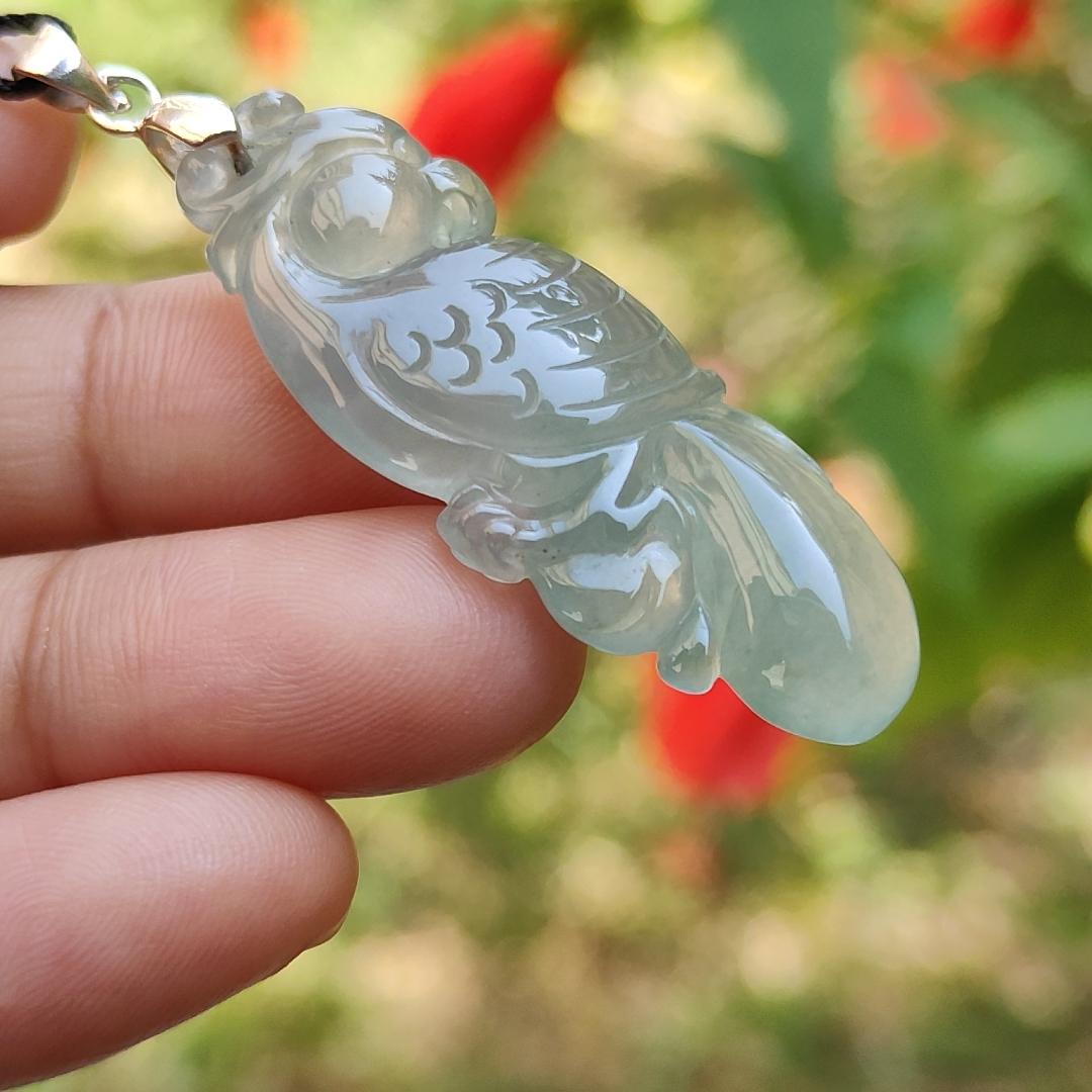 Premium Old Pit Rare Green Hue Icy Translucent Natural Type A Jadeite Jade crafted with Parrot as Pendant for the collectors, certificate weigh 6.25 grams, measurement 41.6 * 15.2 * 6.5 mm (pendant213)