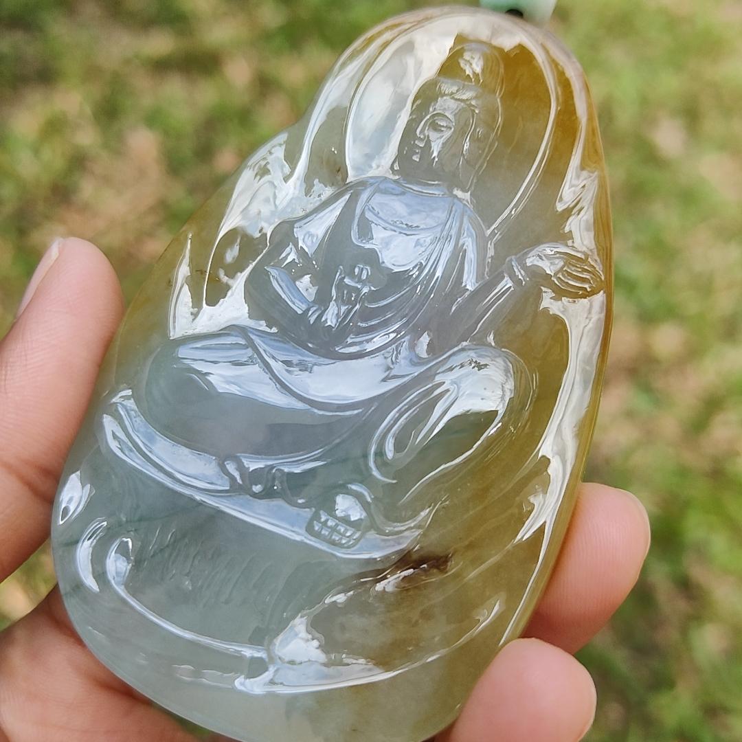 Hugh High Quality Light Green, Yellow Brown and Red Natural Type A Jadeite Jade crafted as Guanyin for Pendant, certificate weighs 79.47 grams, measurement 83.3 * 52.6 * 8.5 mm (pendant282)