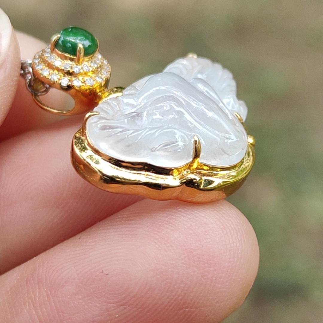 High Quality Icy Translucent Natural Type A Jadeite Jade crafted as Goat set with 18k Gold as Pendant, certificate weighs 2.99 grams, measurement 23 * 20.5 * 7.6 mm (18kp56)