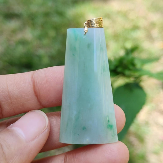 Light Green with Green Patches Natural Type A Jadeite Jade Crafted with Nothing as a pendant attached with 18k gold clasp, certificate weigh 11.24 grams, measurement 40.2 * 21 * 7.1 mm (18kp21)