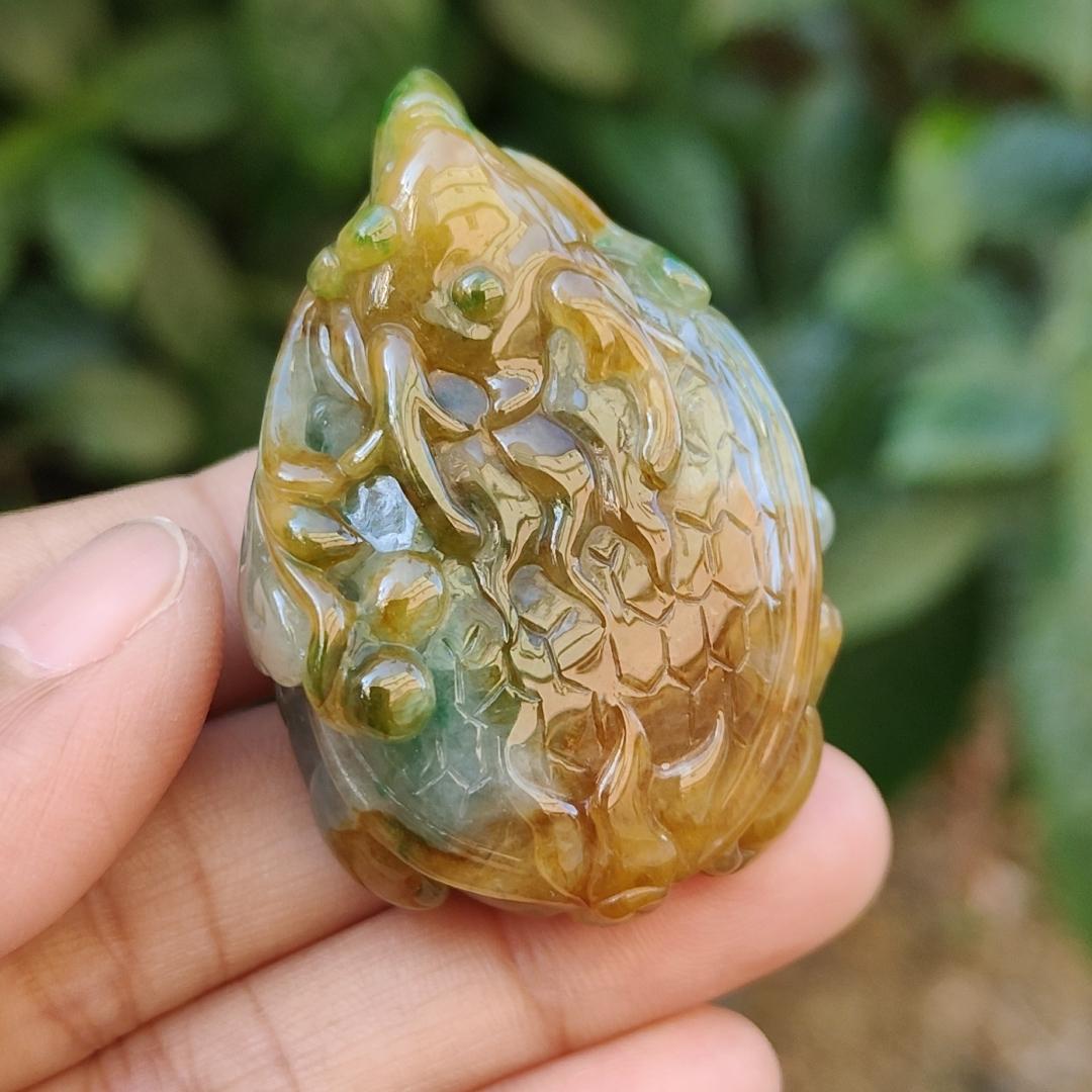 Super Rare Green and Brown Natural Type A Jadeite Jade crafted with Vermilion bird as pendant with certificate weigh 59.21 grams, measurement 45.8 * 32 * 27.3 mm (pendant231)