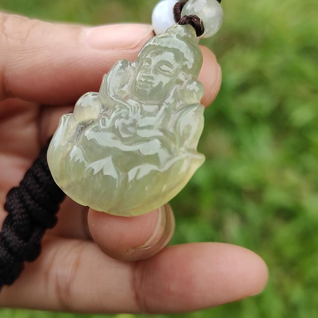 Icy Yellow Natural Type A Jadeite Pendant Necklace crafted as Baby Guanyin seating on Lotus, with certificate weigh 4.78 grams, measurement 31.5 * 26 * 4.3 mm (pendant40)