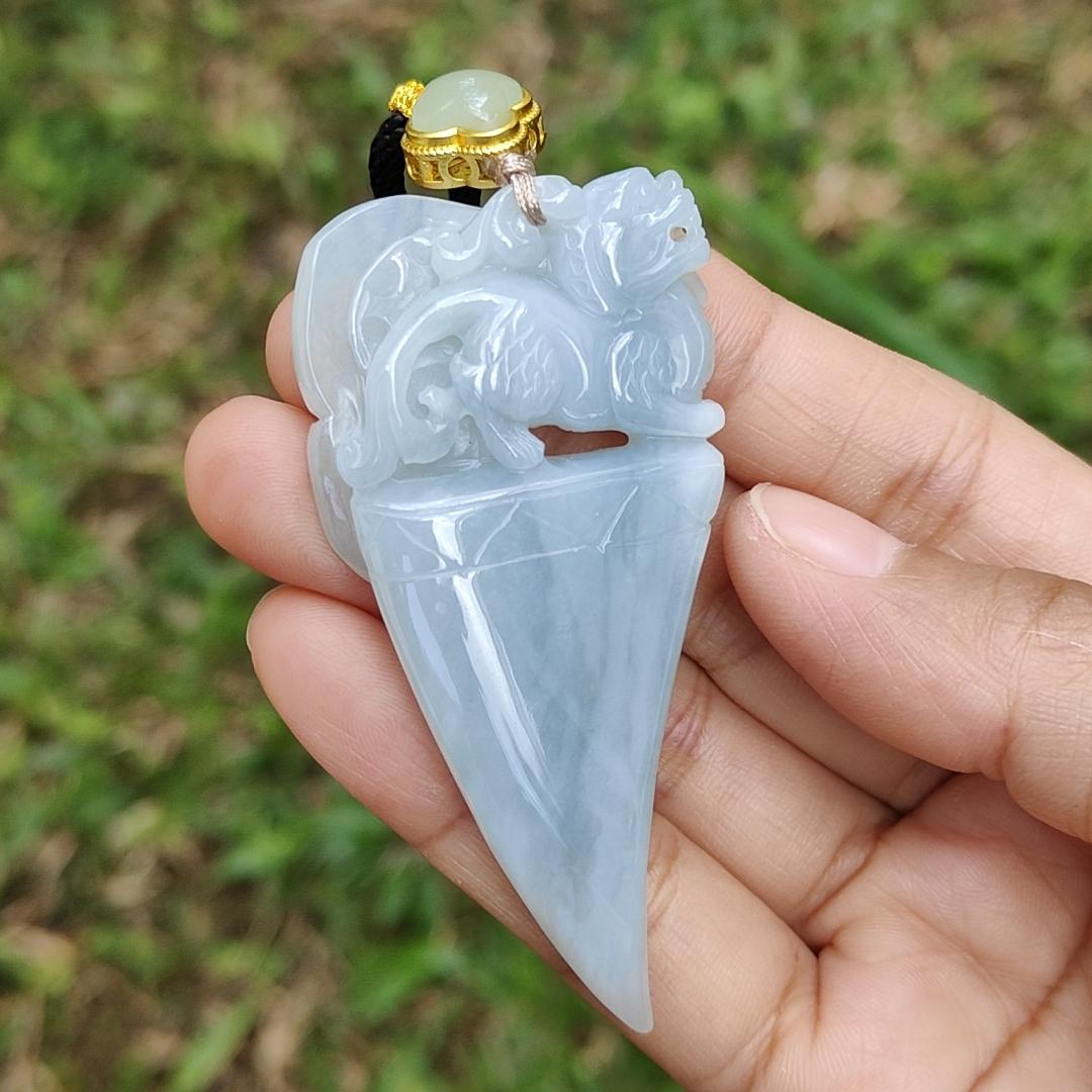 Bluish Light Lavender Natural Type A Jadeite Pendant crafted as Dragon Teeth with Pixiu and Ruyi, the symbols of Wealth and good luck, certificate weighs 27.63 grams, 67.3 * 33.2 * 7.8 mm, very suitable for daily wear (pendant58)