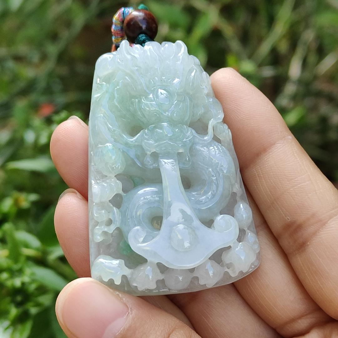 Light Green and White Natural Type A Jadeite Pendant Necklace crafted as Domineering dragon water absorbing pendant, symbols of Rise to prominence, certificate included weigh 43.48 grams, 56.5 * 36.8 * 13.4 mm, suitable for daily wear (pendant37)