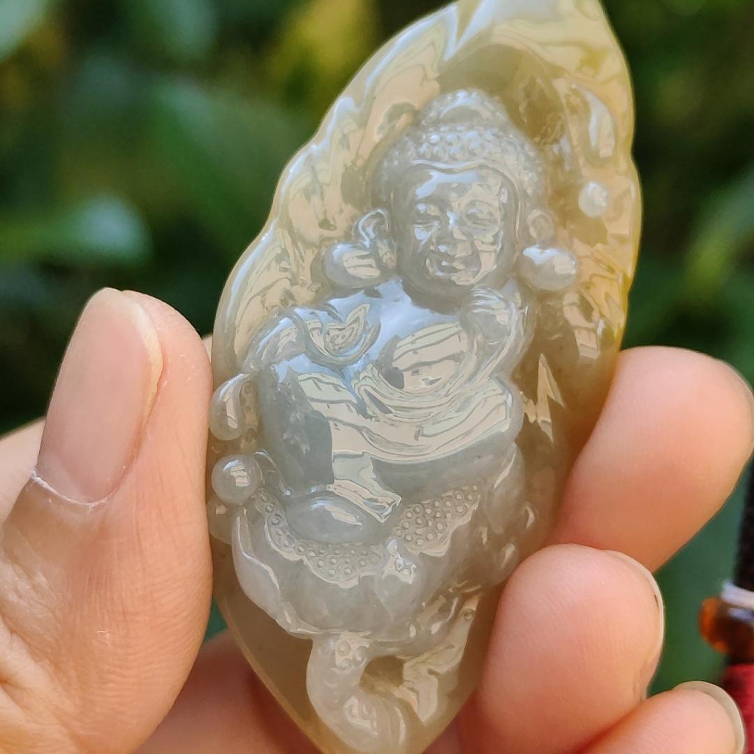 Very Rare Light Lavender and Lemon Yellow with Brown Natural Type A Jadeite pendant carved with baby buddha, certificate included weighs 20.13 grams, 57.90 * 26.80 * 11.20 mm, suitable for daily wear (pendant86)