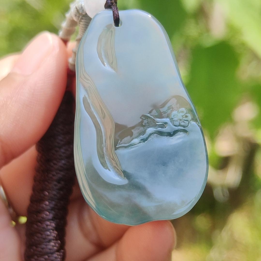 High Premium Quality Icy Green Natural Type A Jadeite Jade Pendant Necklace crafted with bird, flower and tree trunk, certificate included weigh 11.70 grams, measurement 40 * 23 * 6.3 mm (pendant187)