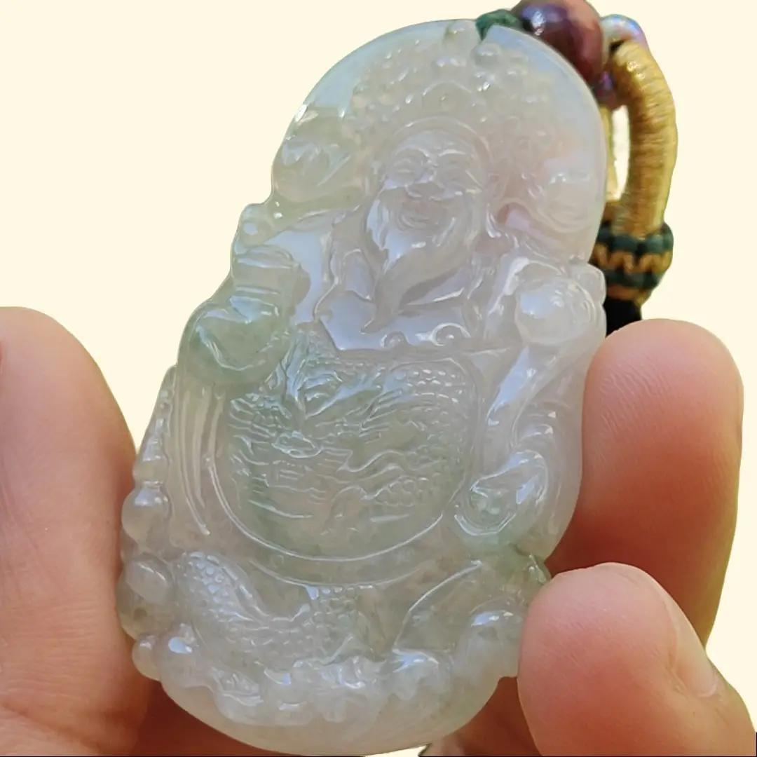 High Quality Icy Translucent Light Green Natural Type A Jadeite Jade crafted with Fortune God as Pendant, certificate weighs 16.37 grams, measurement 50.8 * 29.2 * 6 mm (pendant265)