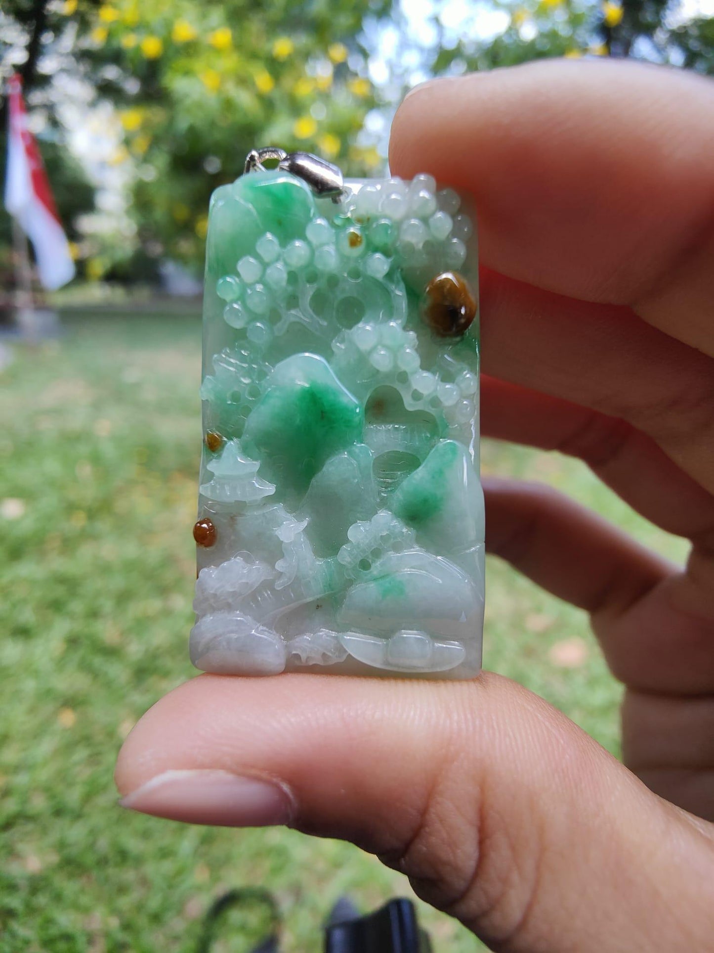 Good Quality Very Beautiful Light Green, Brown Natural Type A Jadeite Jade crafted with sceneries as Pendant, certificate weighs 9.72 grams, measurement 40 * 24.8 * 4.6 mm (pendant288)