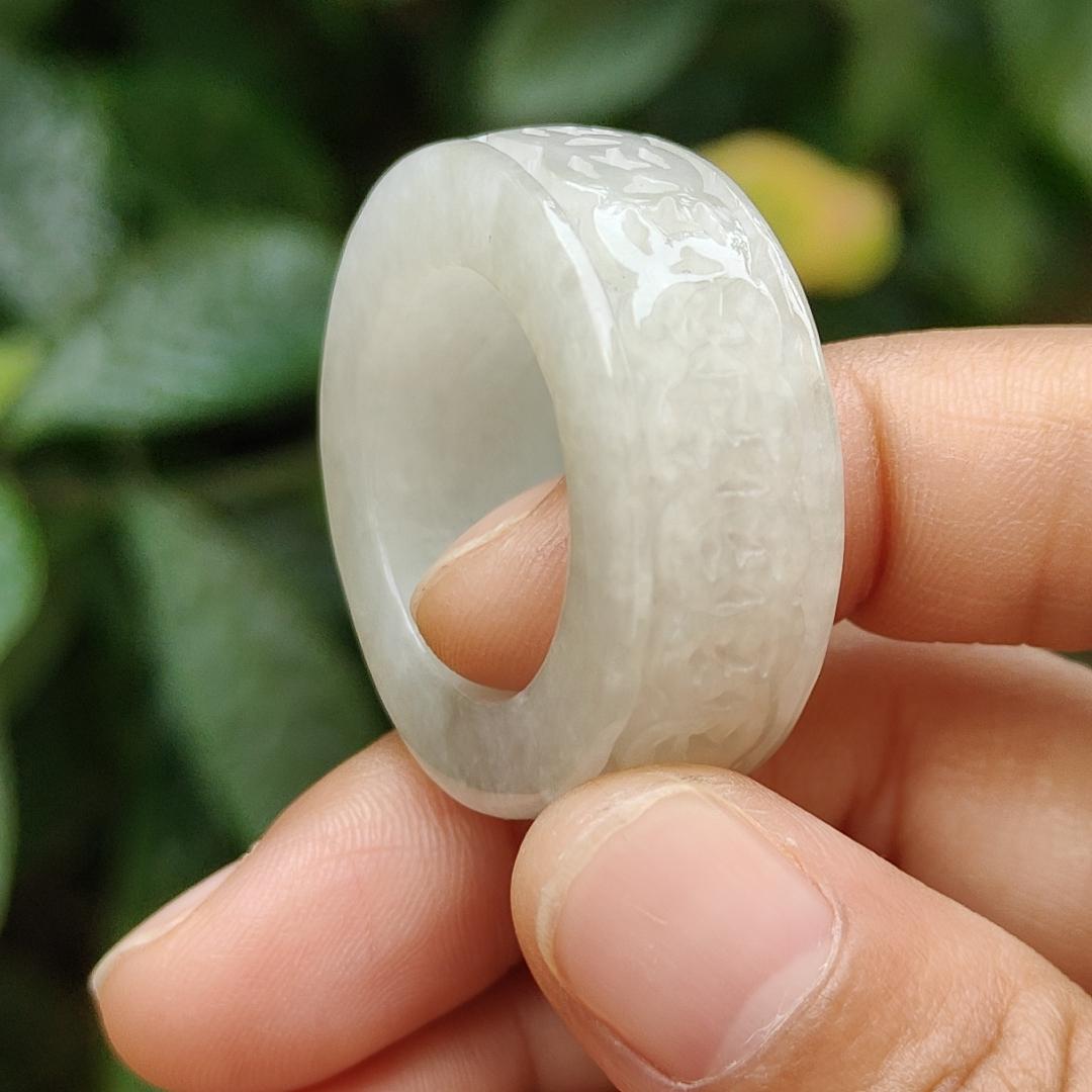 Quality White Natural Type A Jadeite Jade crafted with many coins as Ring with Finger size 21 mm, QIC approved labs certificate weigh 22.07 grams, measurement 12.5 * 6.7 mm (ring6)