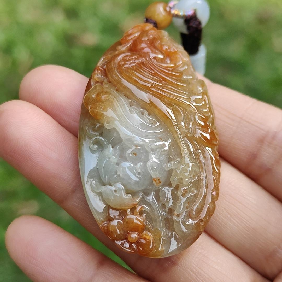 Rare Light Green with Red Natural Type A Jadeite Jade crafted as Phoenix to use as Pendant, certificate weighs  27.45 grams, measurement 52.3 * 28.5 * 12.5 mm (pendant279)