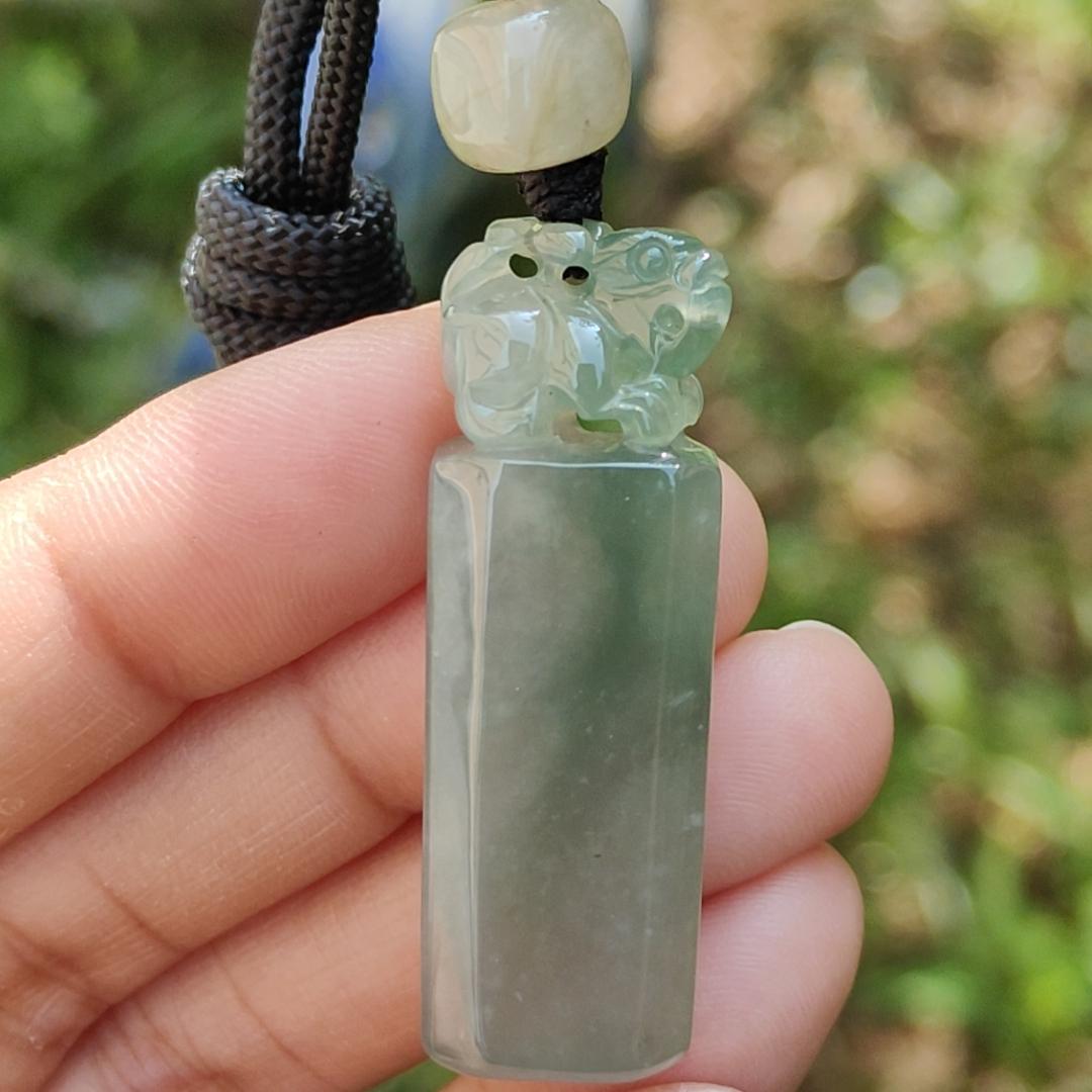 An Excellent Piece of Green Natural Type A Jadeite Pendant Necklace or Stamp crafted with Pixiu boosting Incoming Money and power with certificate weigh 13.16 grams, 41.2 * 13.6 * 8.7 mm , (pendant137)