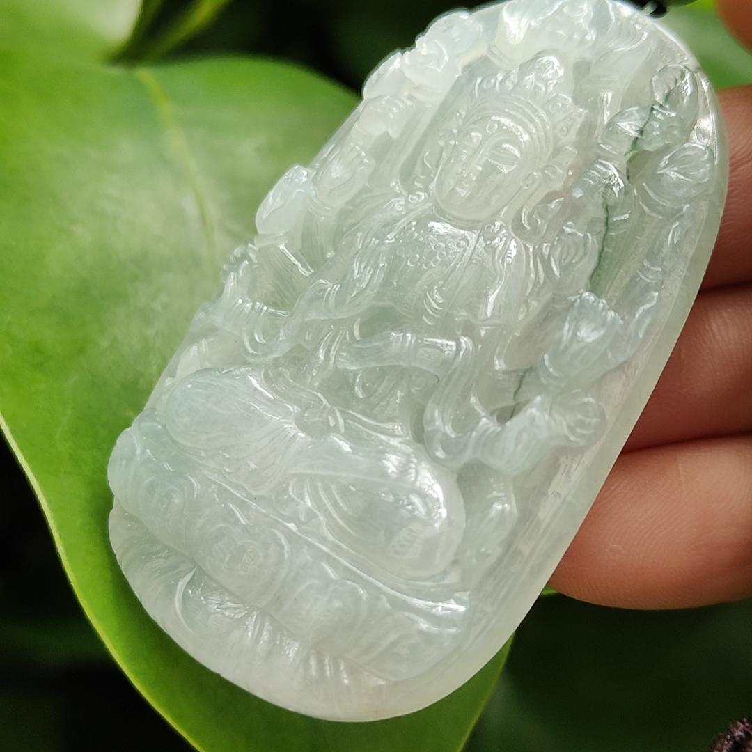 High Quality Light Green Hue Good Translucent Natural Type A Jadeite Jade crafted with Thousand Hands Guanyin as Pendant, certificate weighs 31.12 grams, measurement 57.6 * 38.4 * 6.8 mm (pendant293)