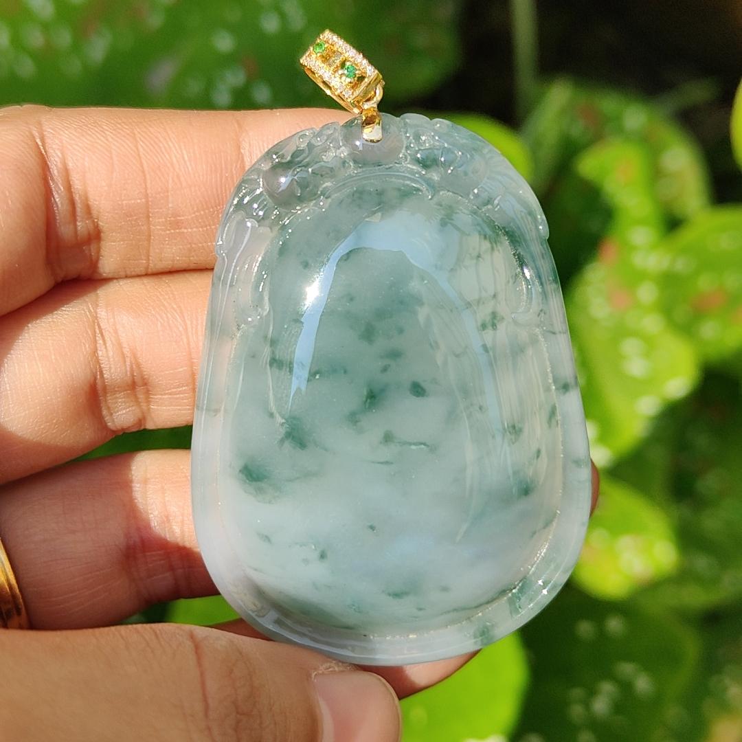 Double Dragon Floating Green Flower clouds 18k gold Natural Type A Jadeite pendant  with NGI Gemstone report carved as wu shi pai weight 34.82 grams , 53.06 * 38.86 * 9.37 mm , Translucent Very Fine Grain with patches of bluish green (18kp3)