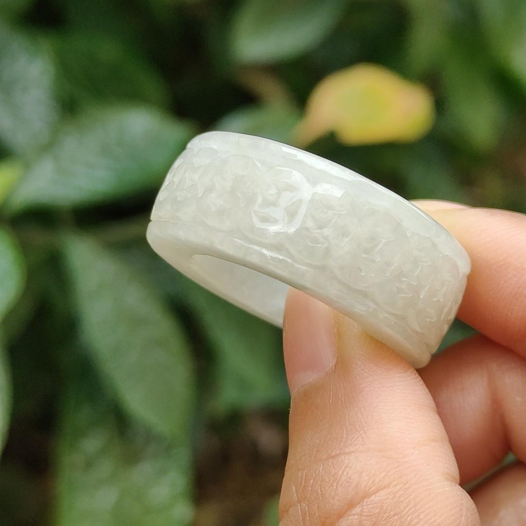 Quality White Natural Type A Jadeite Jade crafted with many coins as Ring with Finger size 21 mm, QIC approved labs certificate weigh 22.07 grams, measurement 12.5 * 6.7 mm (ring6)