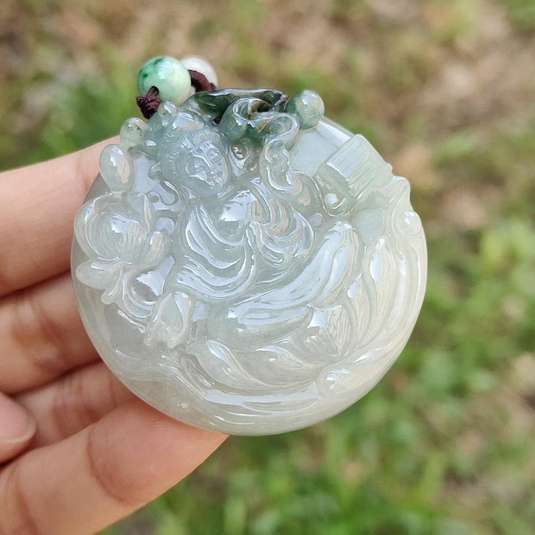 Light Green with Bluish Green Natural Type A Jadeite Pendant Necklace crafted with Guanyin Symbols of Peace, auspiciousness and longevity, certificate included weighs 36.23 grams, 45.8 * 45.8 * 9.1 mm, suitable for daily wear (pendant56)