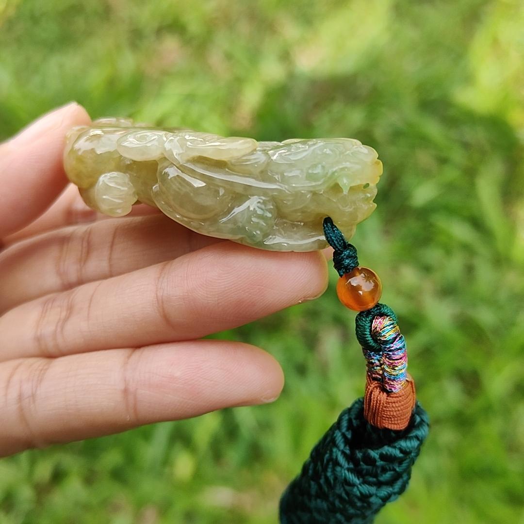 Premium Yellow Natural Type A Jadeite Pendant Necklace Crafted as Pixiu with Ruyi and Coin, certificate included weigh 39.48 grams, measurement 56.8 * 28.8 * 13 mm, suitable for daily wear and collectible (pendant41)