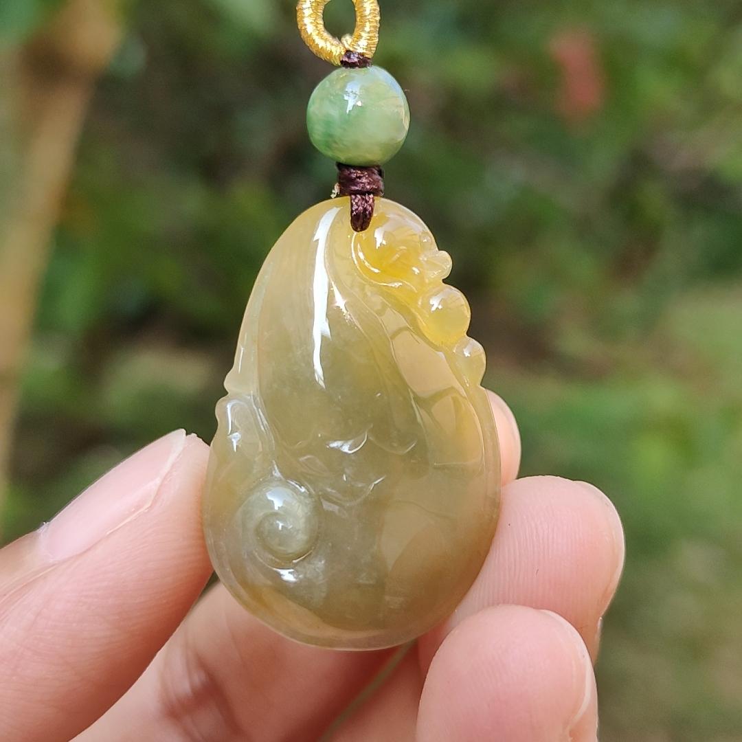 Rare Yellow Natural Type A Jadeite Jade crafted with Dragon Playing with Pearls as Pendant, certificate weigh 6.33 grams, measurement 32 * 21 * 6.5 mm (pendant217)