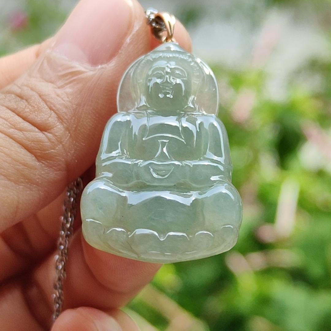 Light Green Good Translucent Natural Type A Jadeite Jade crafted with Guanyin 18k gold clasps as Pendant, certificate weighs 6.36 grams, measurement 32.2 * 21 * 5.8 mm (18kp49)