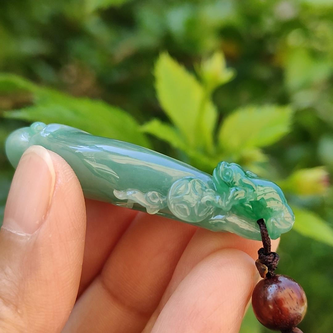 Very beautiful Full Green and Light Green Hue Natural Type A Jadeite Jade crafted with Three Legs Toad with coin and Ruyi with certificate weigh 16.97 grams, measurement 52.8 * 21.2 * 10.7 mm (pendant180)