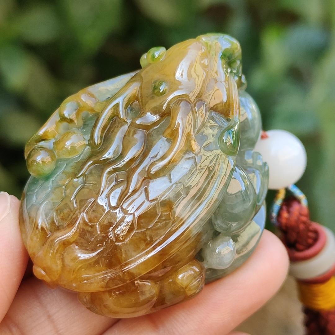 Super Rare Green and Brown Natural Type A Jadeite Jade crafted with Vermilion bird as pendant with certificate weigh 59.21 grams, measurement 45.8 * 32 * 27.3 mm (pendant231)