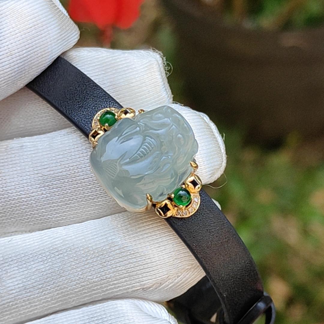 Light Green Hue Natural Type A Jadeite Jade crafted as Pixiu set on 18k Gold with 2 Green Cabochon and diamonds, adding PU wrist band upgraded elegant style bracelet, certificate weigh 4.44 grams, measurement 16.6 * 14.1 * 7.5 mm (18kpw1)