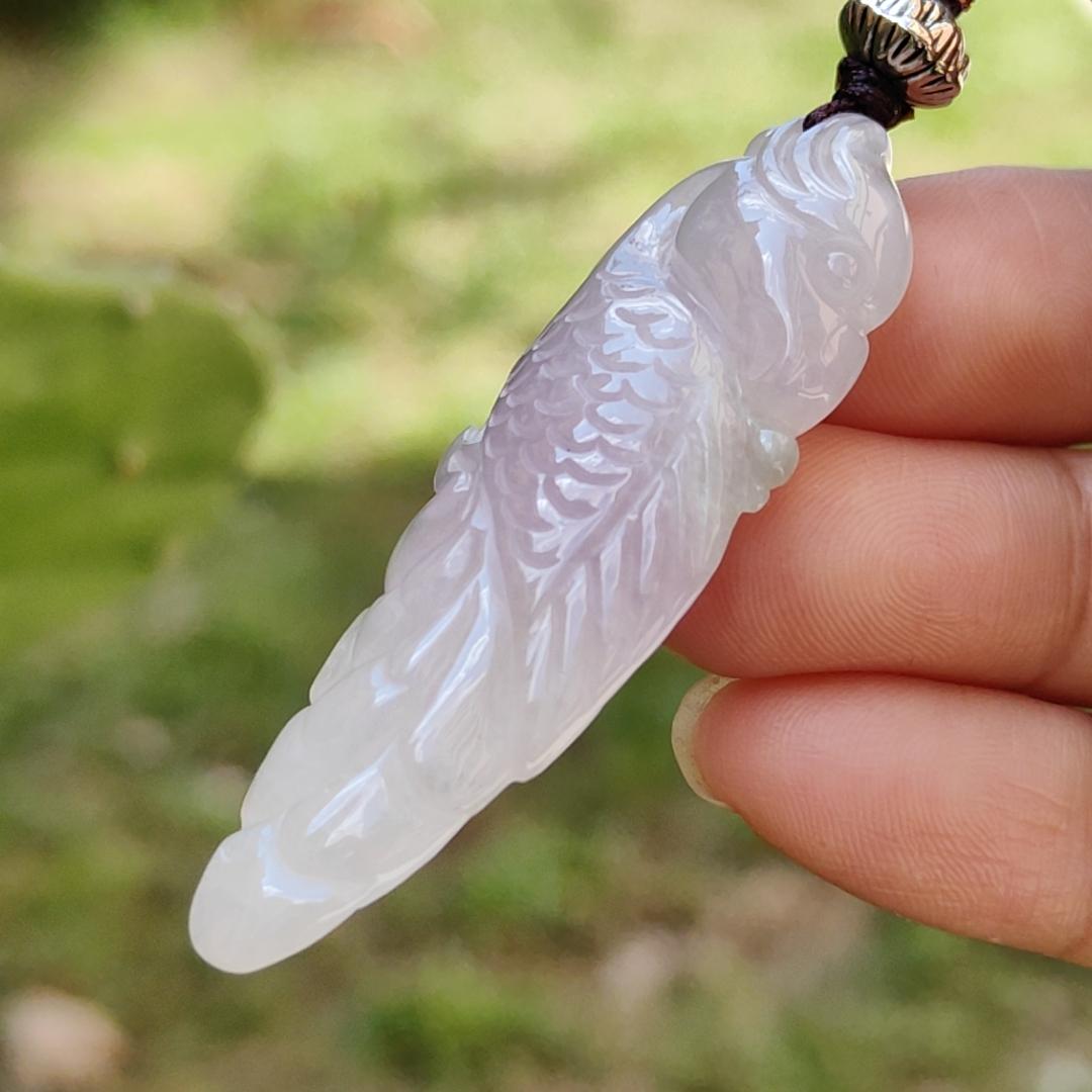 Rare Pinkish Light Lavender Hue Natural Type A Jadeite Pendant Necklace crafted as Parrot symbols of Wise and brave, heroic with certificate weigh 11.33 grams, 51.3 * 17.8 * 8.6 mm, mid-year offer and suitable for daily wear or collections (pendant28)