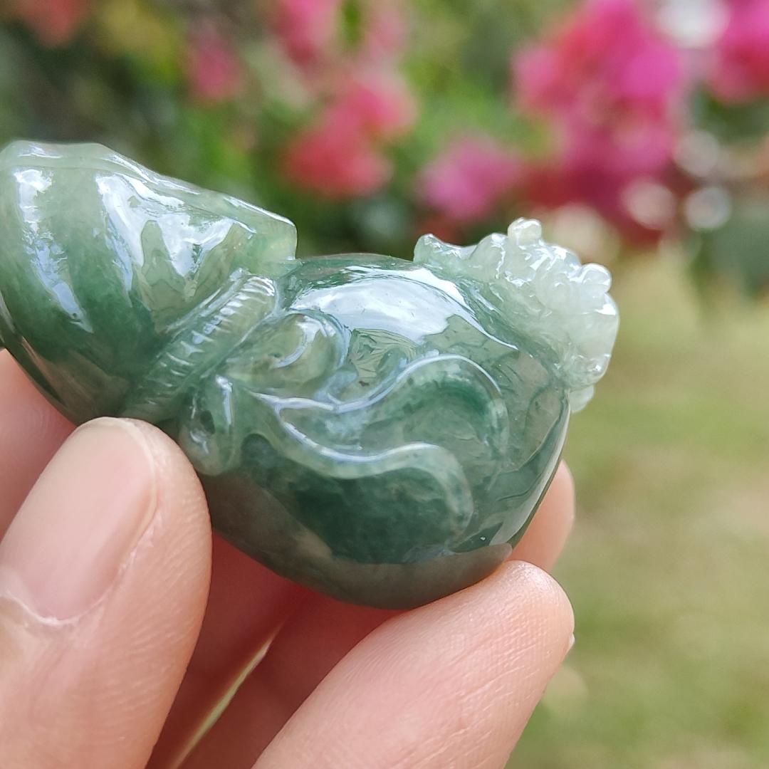 Dark Green Natural Type A Jadeite Jade crafted with Three legs toad on Money Pouch as Pendant with certificate weigh 26.67 grams, measurement 42 * 18.5 * 14 mm (pendant230)