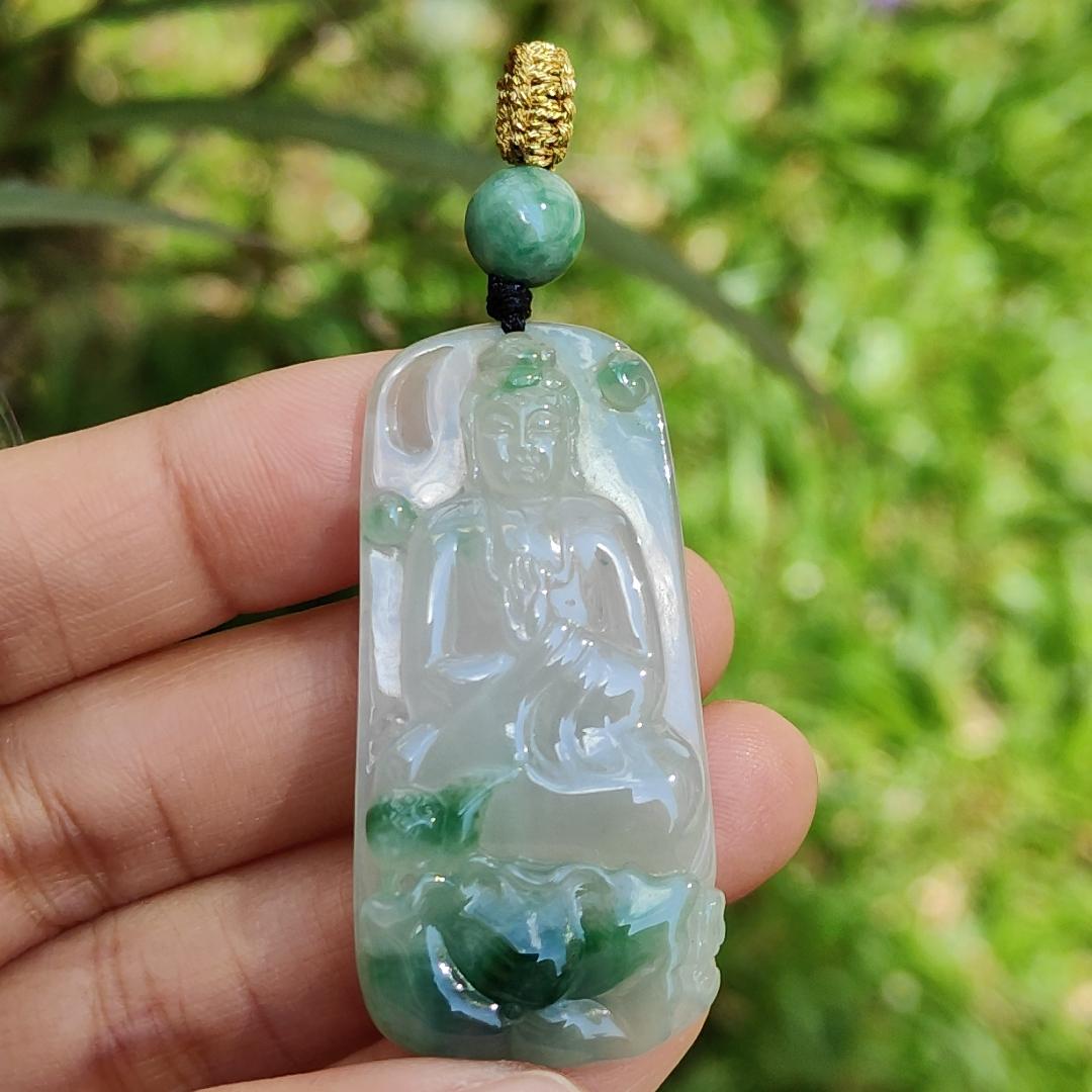 Icy Good Translucency with Green Natural Type A Jadeite Pendant Necklace crafted with Buddha and Lotus, certificate included weigh 13.2 grams, 46.2 * 22.5 * 6.3 mm