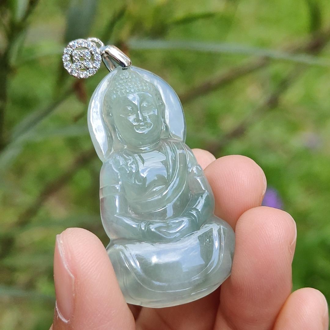 Premium Icy Good Translucency Green Hue Natural Type A Jadeite Pendant Necklace crafted as Buddha with certificate weigh 8.65 grams, 42.5 * 23.8 * 5.8 mm, collectible jadeite suitable for daily wear