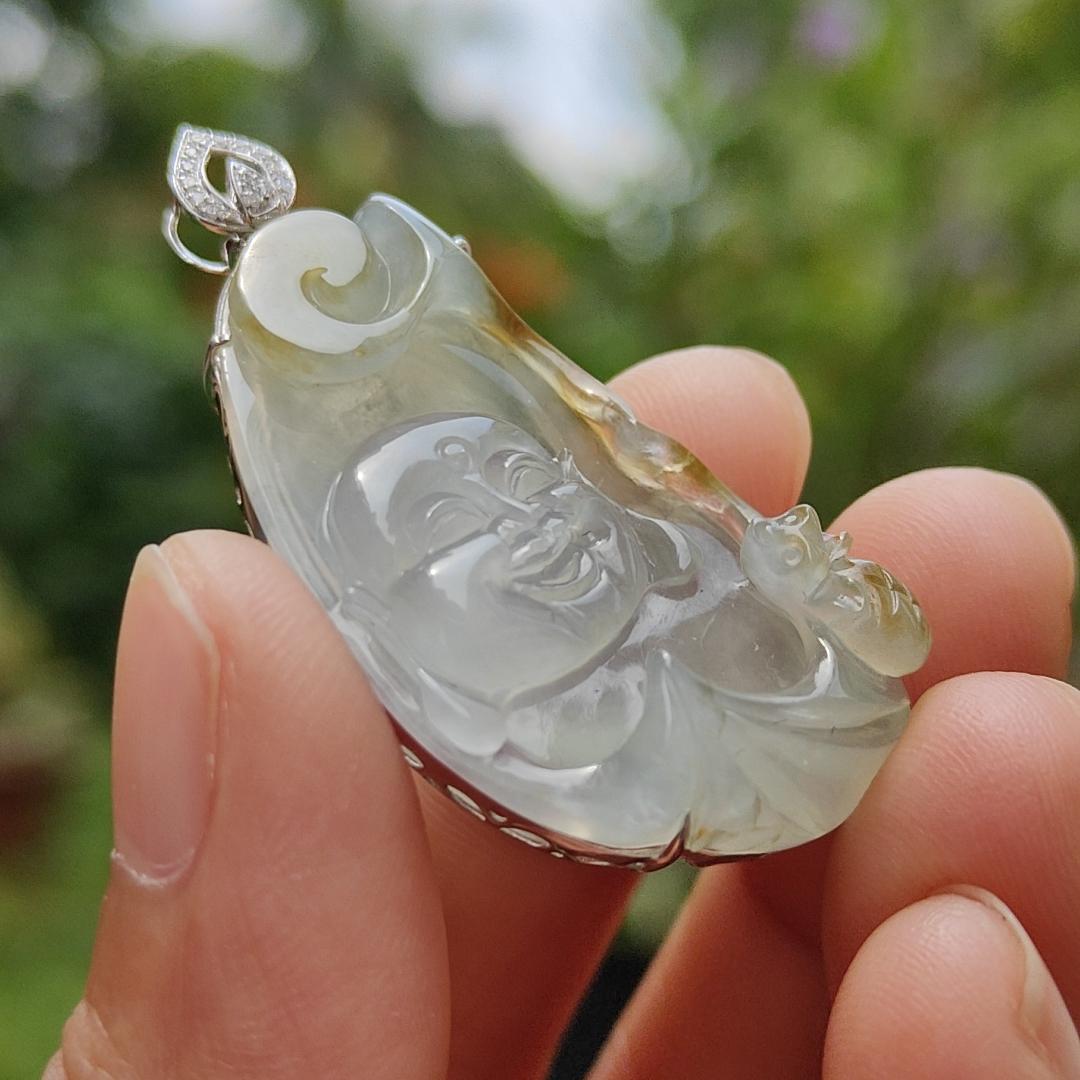 #Sold Icy Translucent with Yellow Natural Type A Jadeite Jade set with 18k Gold and diamonds as Pendant, certificate included weigh 8.23 grams, measurement 42.3 * 20 * 10.5 mm (18kp19)