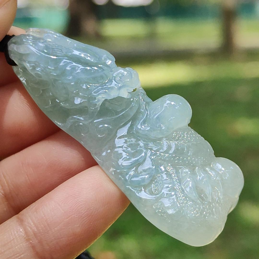 High Quality Beautifully crafted as Dragon with Semi Icy Translucent Natural Type A Jadeite Jade as Pendant, certificate weighs 22.18 grams, measurement 54.6 * 21.5 * 15.7 mm (pendant270)